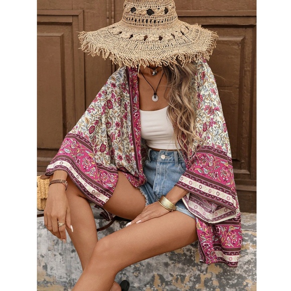 Floral Boho Kimono Style Open Coverup Batwing Sleeve - Picture 3 of 14